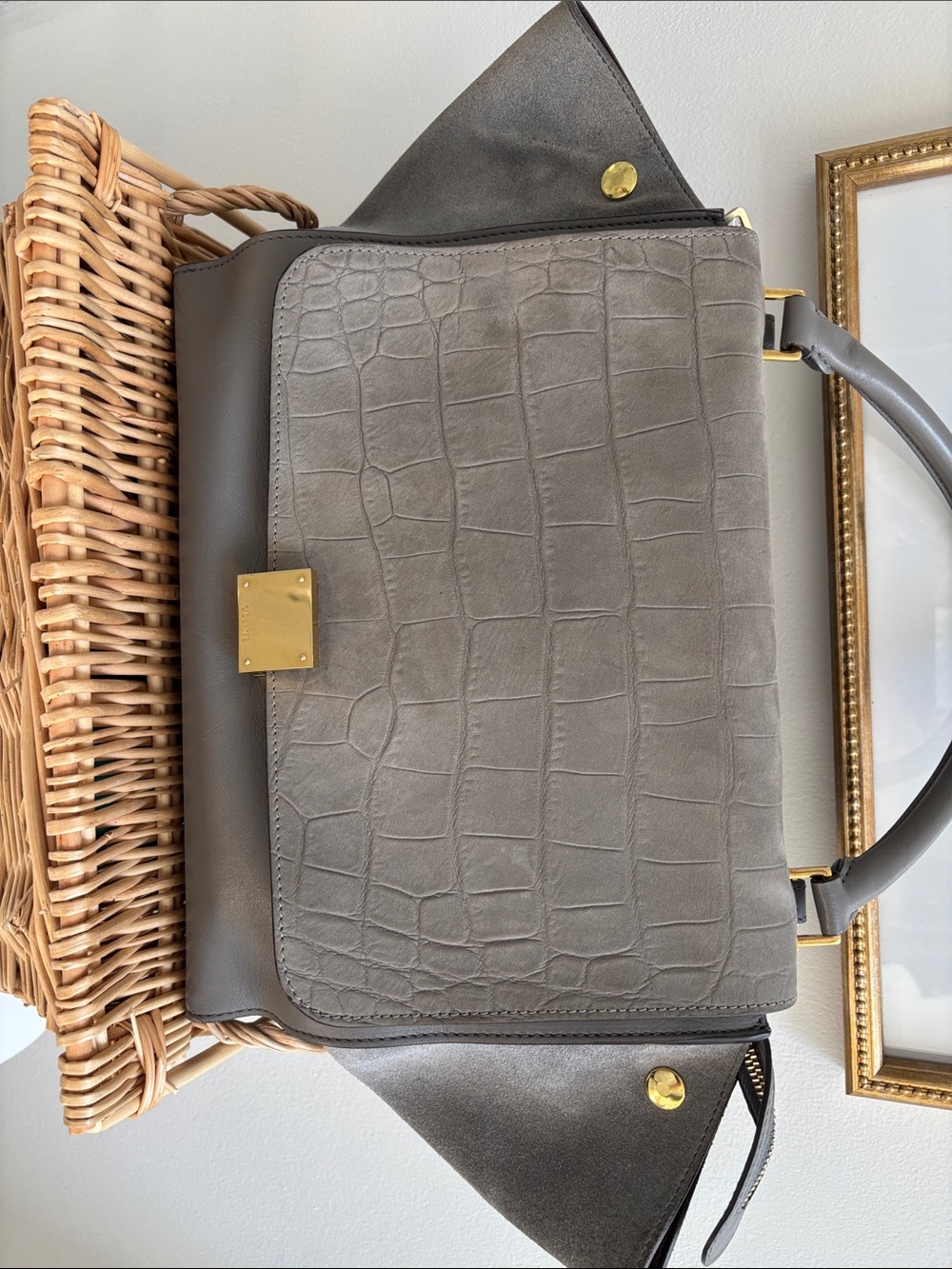 Celine Gray Croc-Embossed Leather Satchel with Gold Hardware